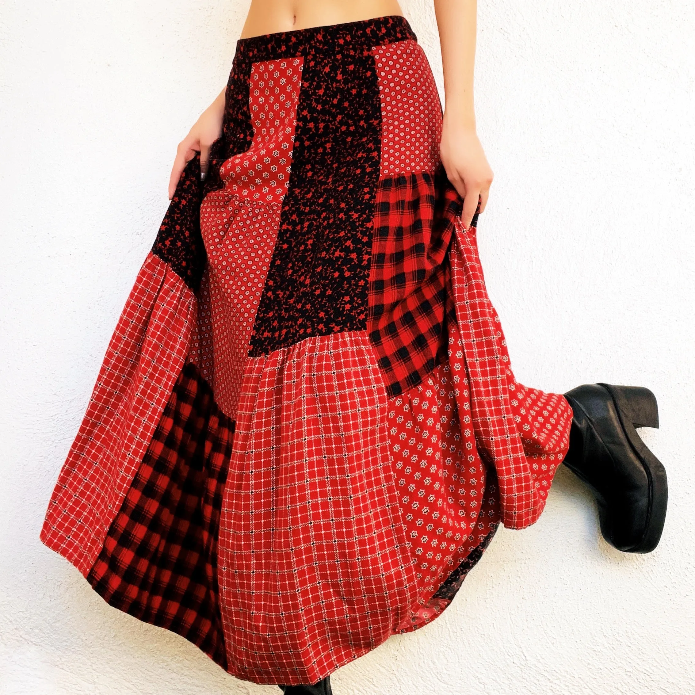 Red Patchwork Maxi Skirt