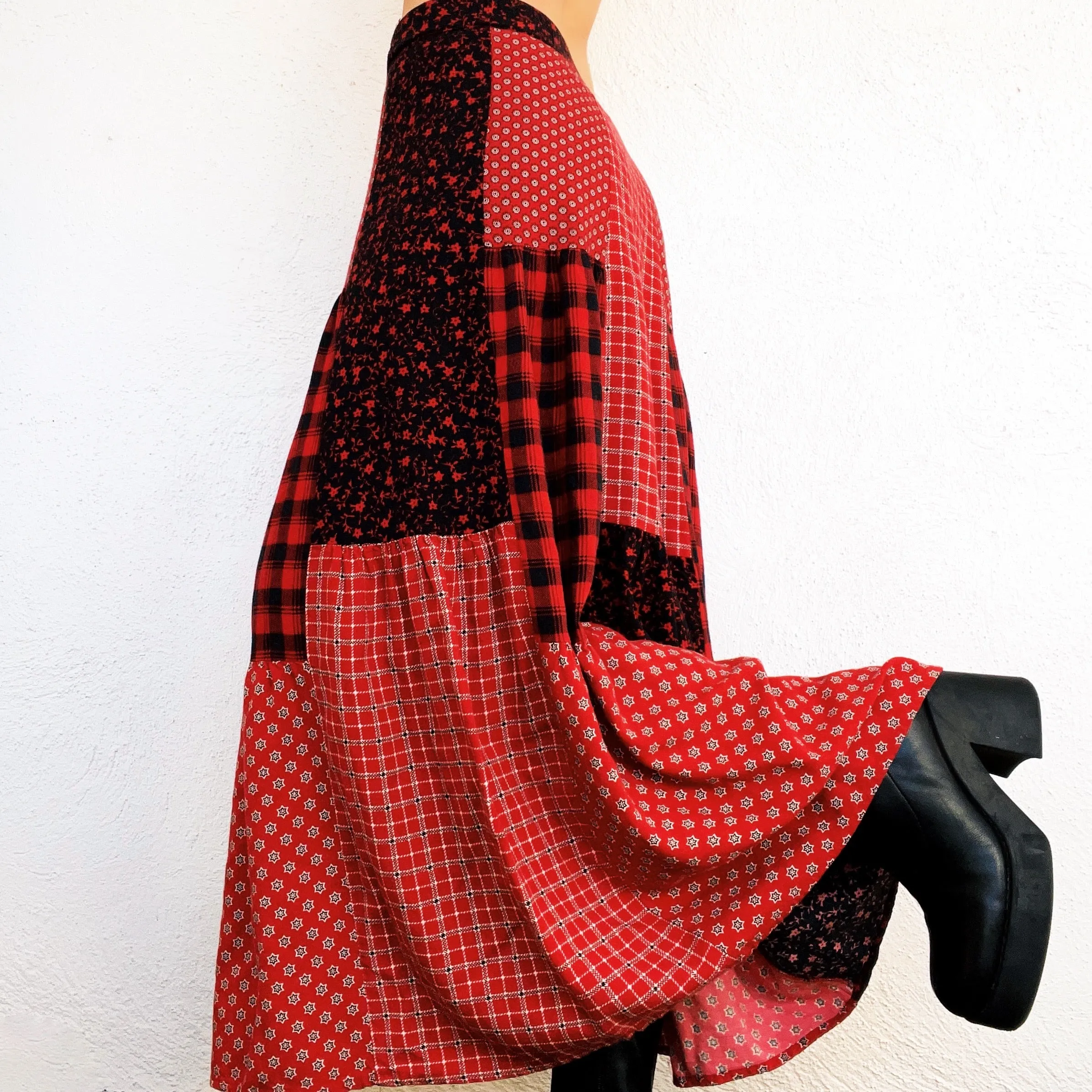 Red Patchwork Maxi Skirt