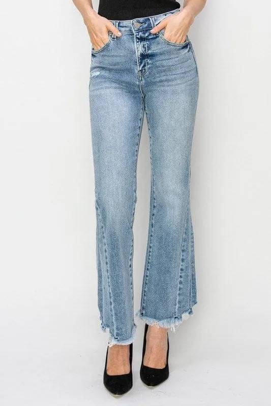 Risen High Rise Side Leg Seam Line Detail Ankle Flare Jeans
