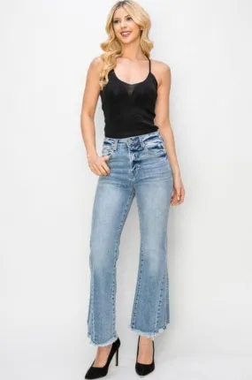 Risen High Rise Side Leg Seam Line Detail Ankle Flare Jeans