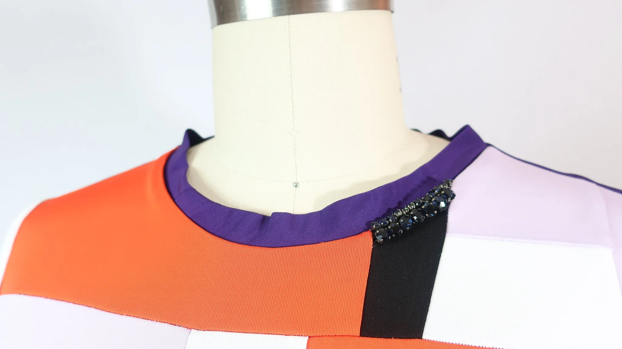 Short Sleeve Colorful Patchwork Rayon T shirt with Stones at Neckline