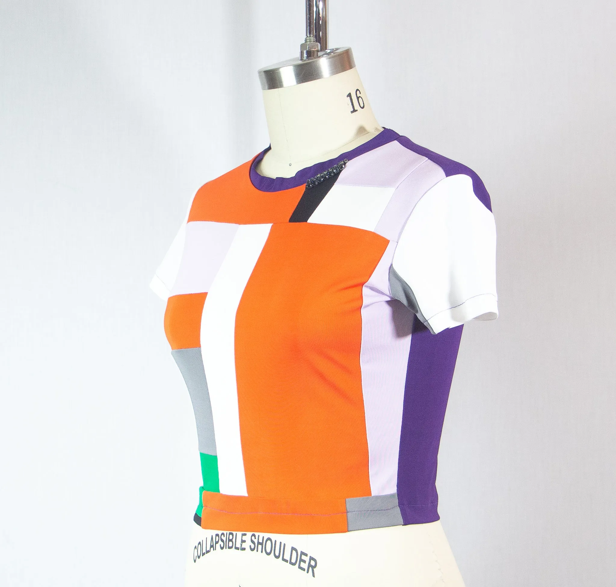 Short Sleeve Colorful Patchwork Rayon T shirt with Stones at Neckline