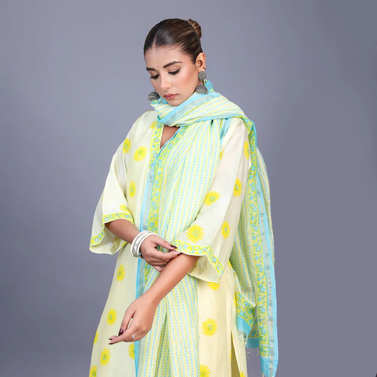 Silk Kurta Set For Women | Kurta, Pant & Dupatta | Printed | Off White