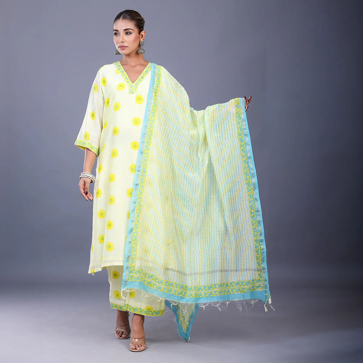Silk Kurta Set For Women | Kurta, Pant & Dupatta | Printed | Off White