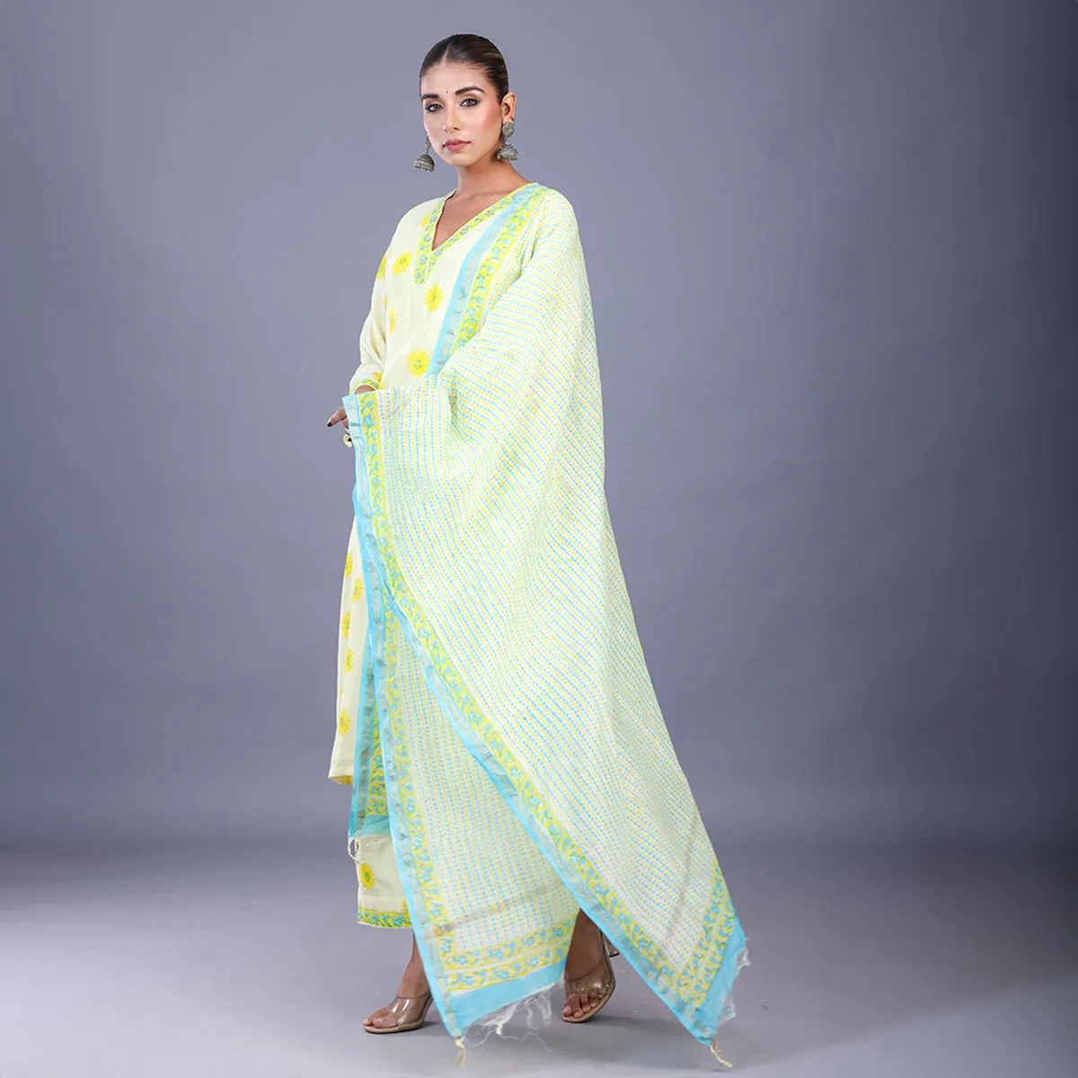Silk Kurta Set For Women | Kurta, Pant & Dupatta | Printed | Off White