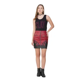 SLAY. Women's Faux Leather Flame Mini Skirt Red & Black