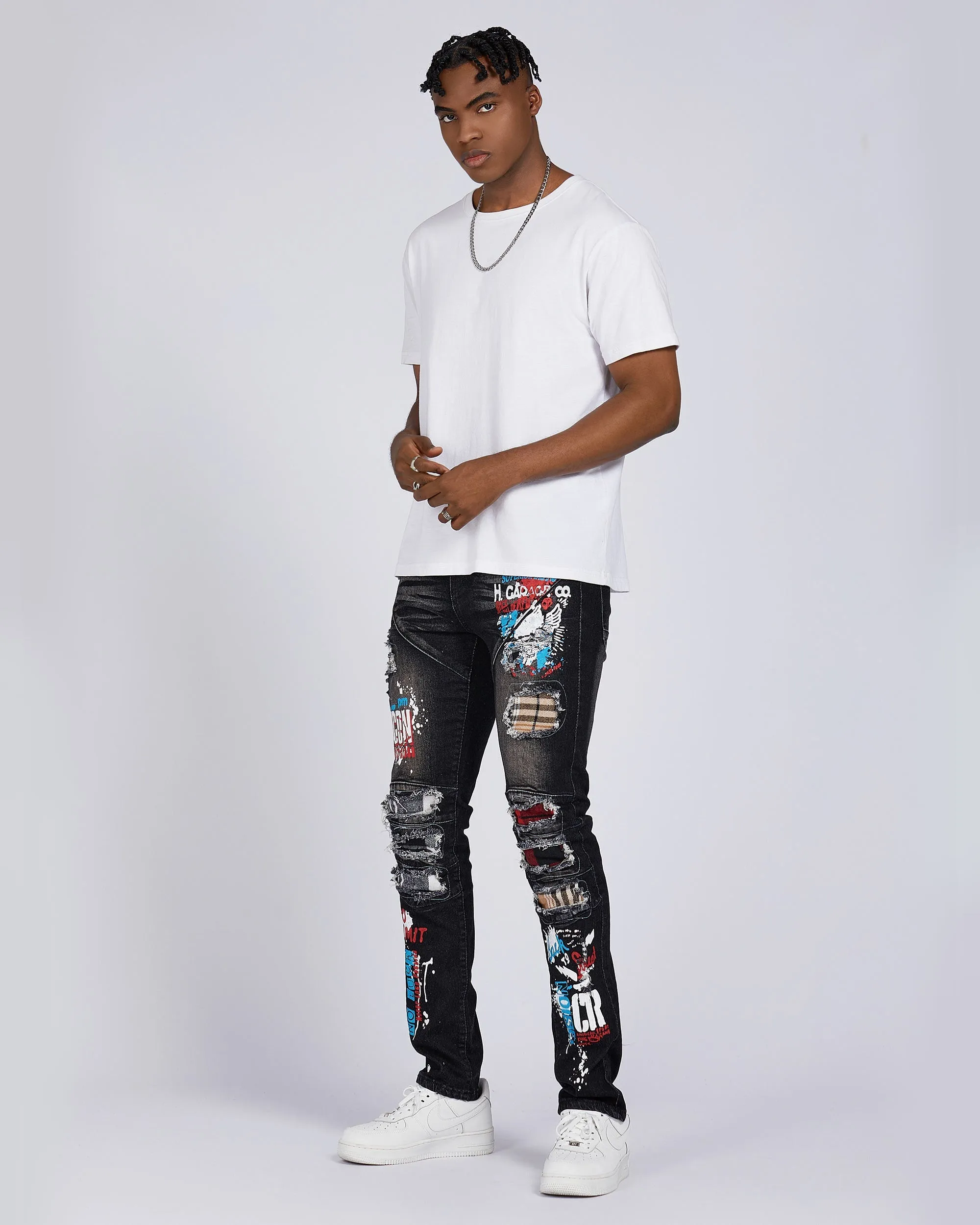 Slim Fit Rip & Repair Black Jeans with Cartoon Painted-Mexico Local Delivery