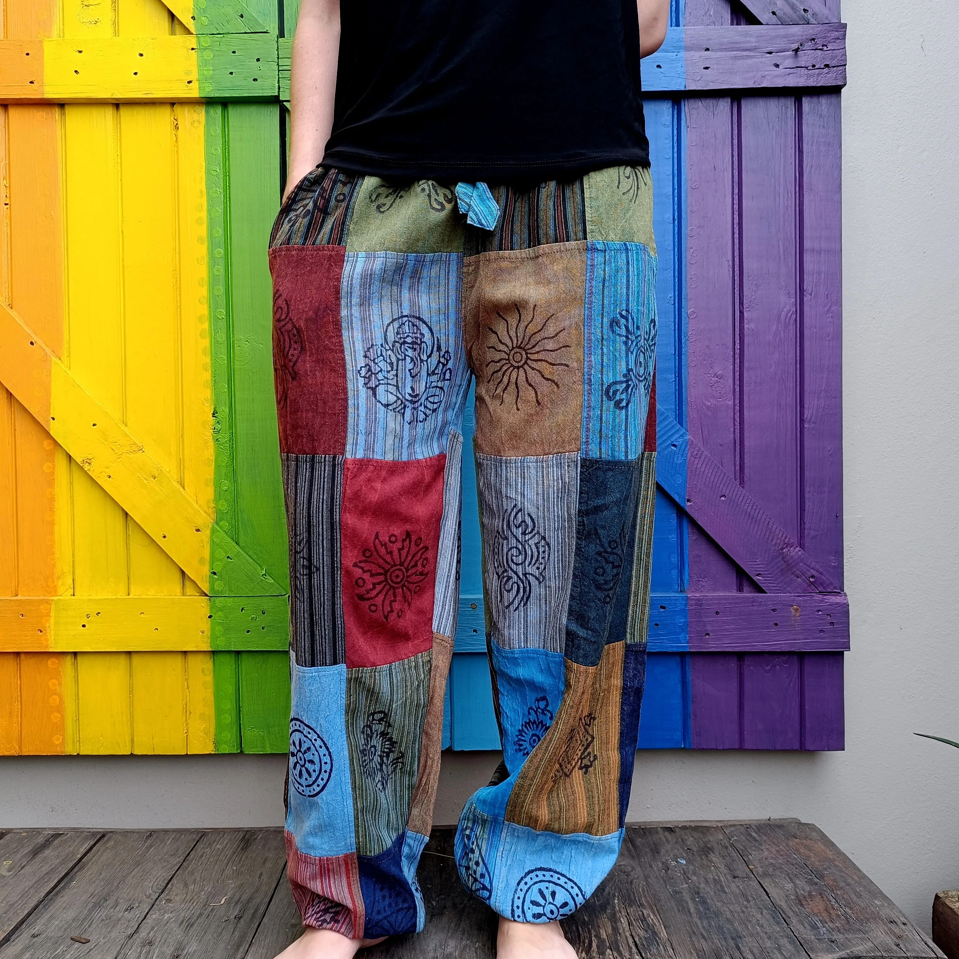 Smaller Cut Patchwork Long Pants with Stamp Detail and Elasticated Ankles Size LARGE