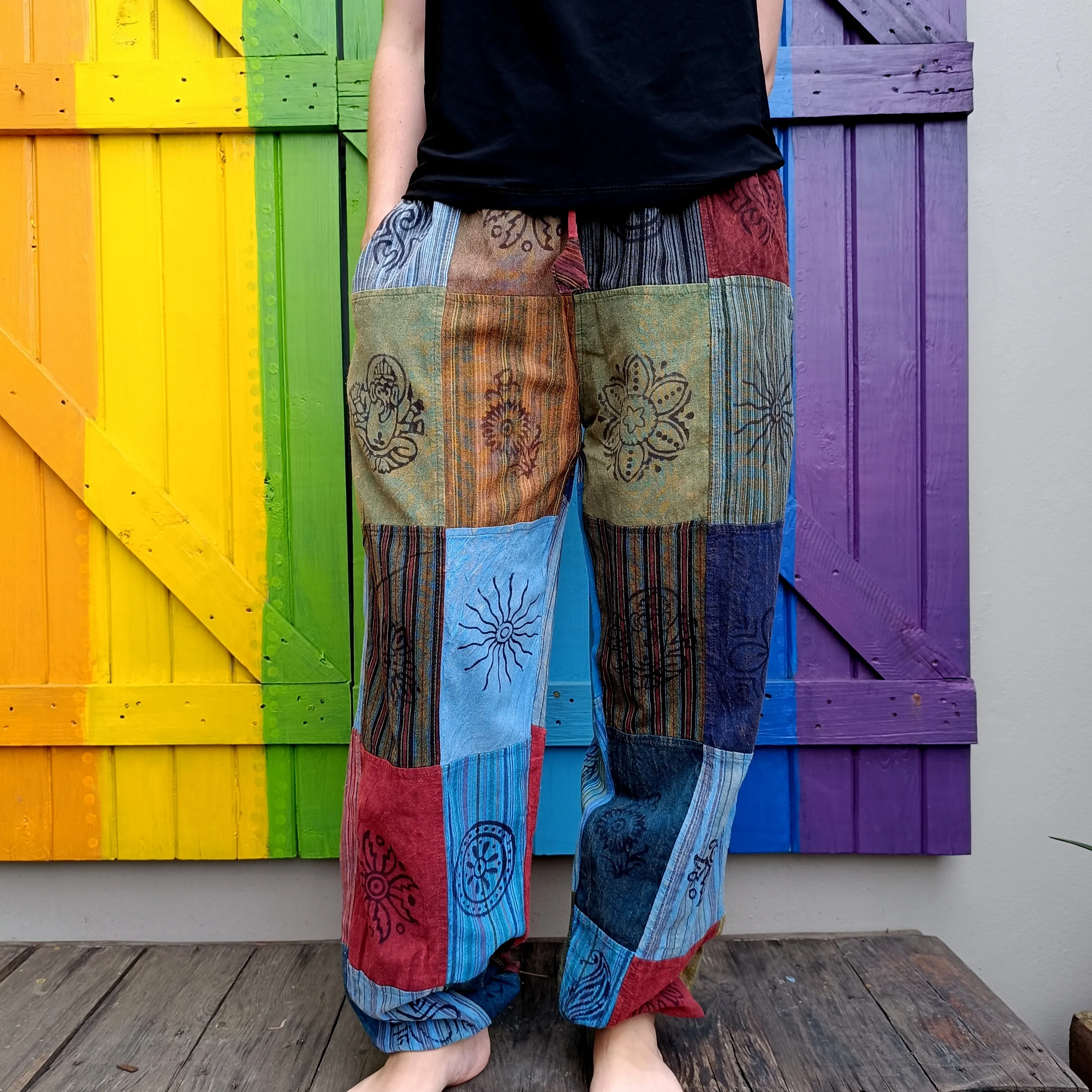 Smaller Cut Patchwork Long Pants with Stamp Detail and Elasticated Ankles Size LARGE
