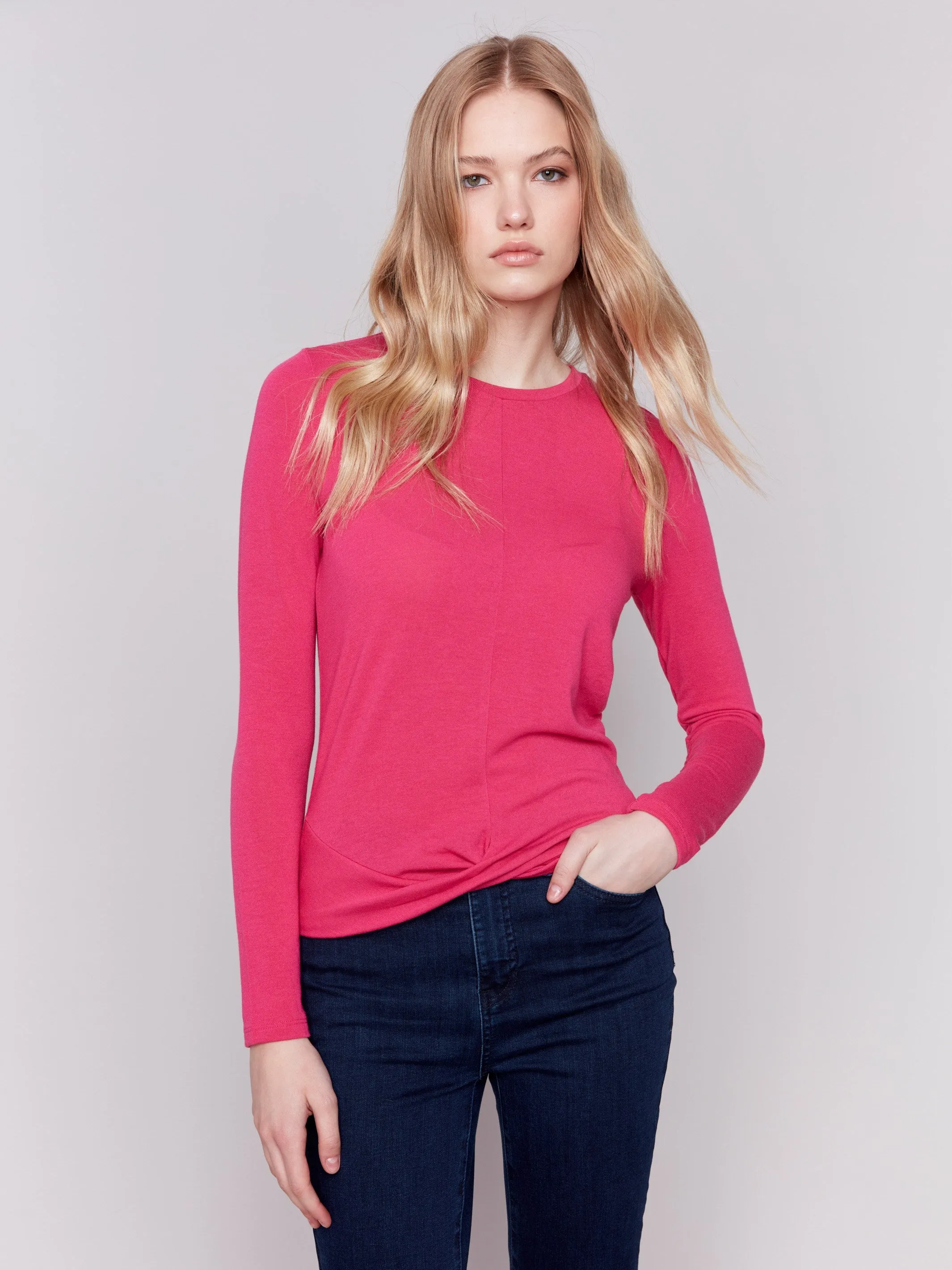 Soft Jersey Top With Front Knot Detail - Magenta
