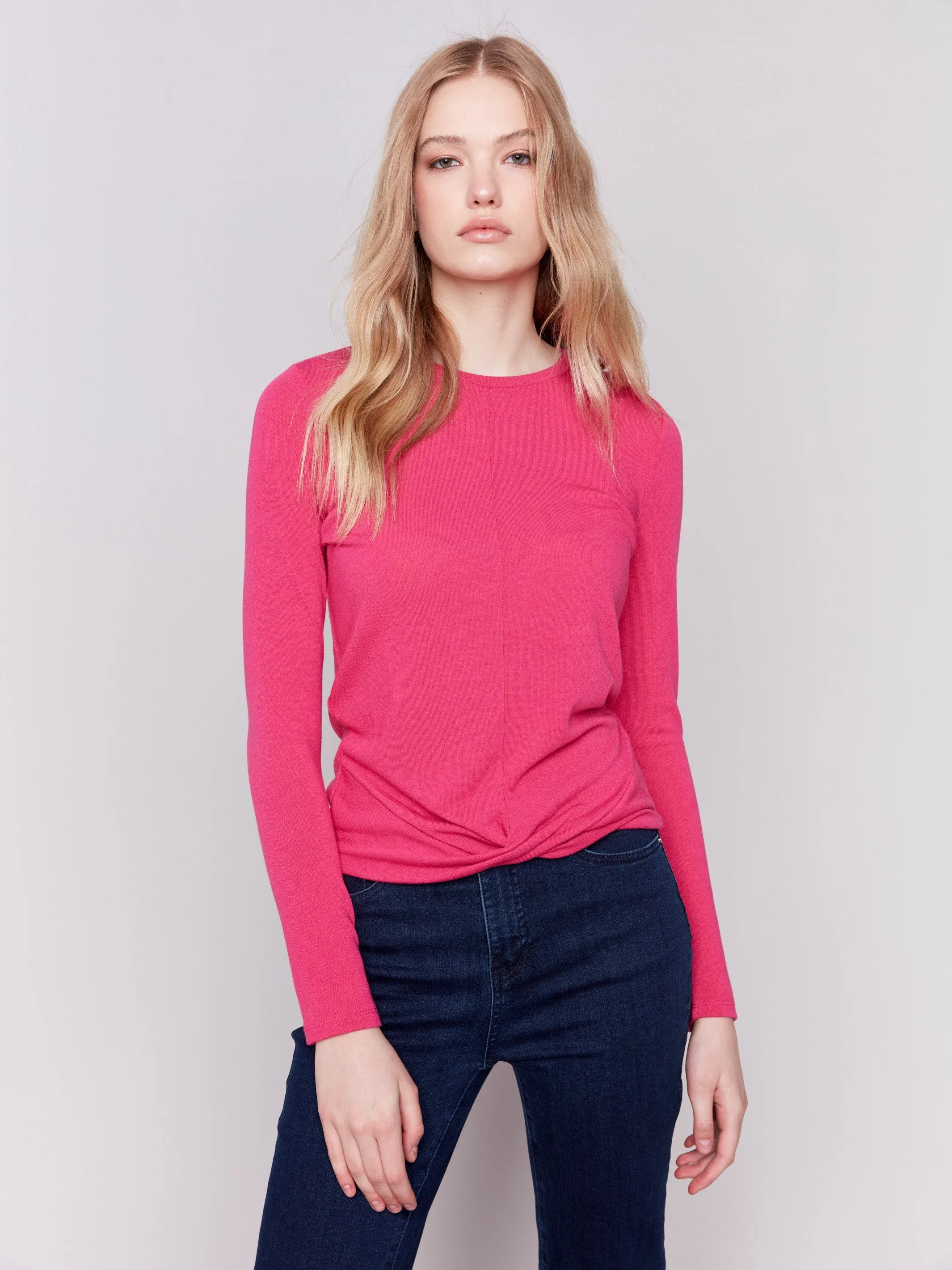 Soft Jersey Top With Front Knot Detail - Magenta