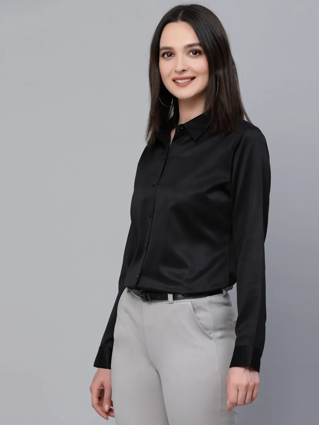 Style Quotients Women Solid Black Satin Formal Shirt