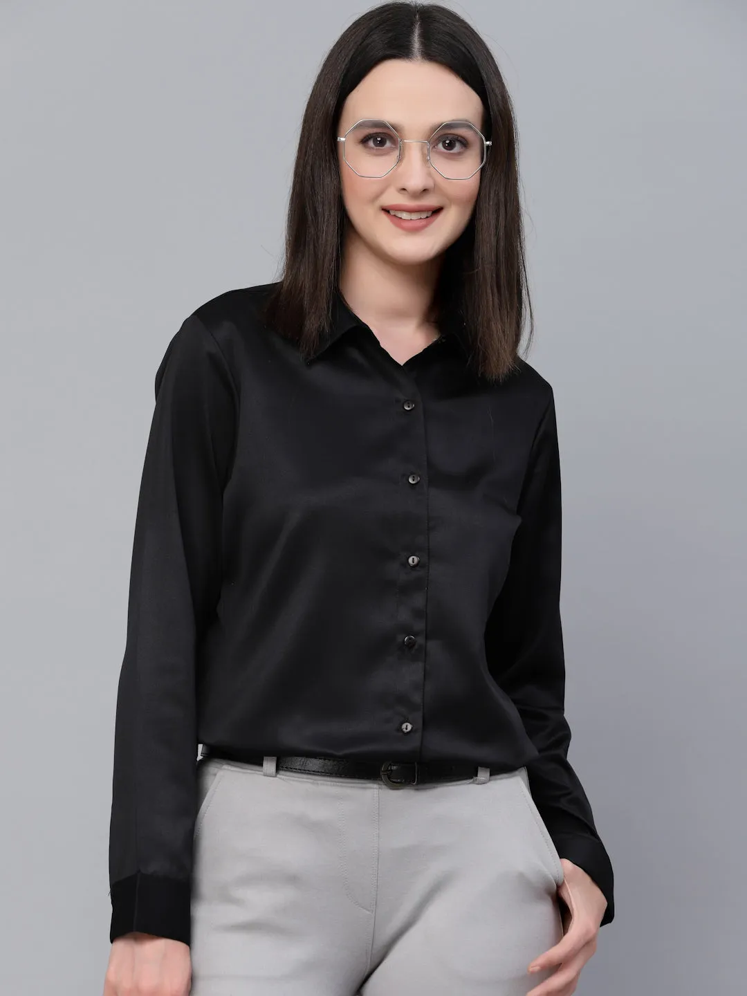 Style Quotients Women Solid Black Satin Formal Shirt