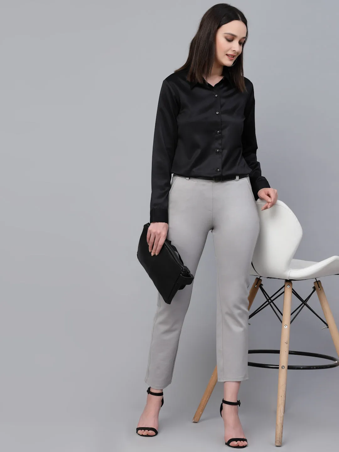 Style Quotients Women Solid Black Satin Formal Shirt