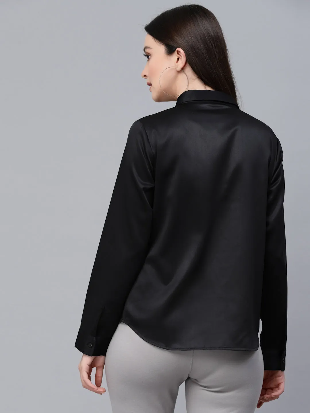 Style Quotients Women Solid Black Satin Formal Shirt