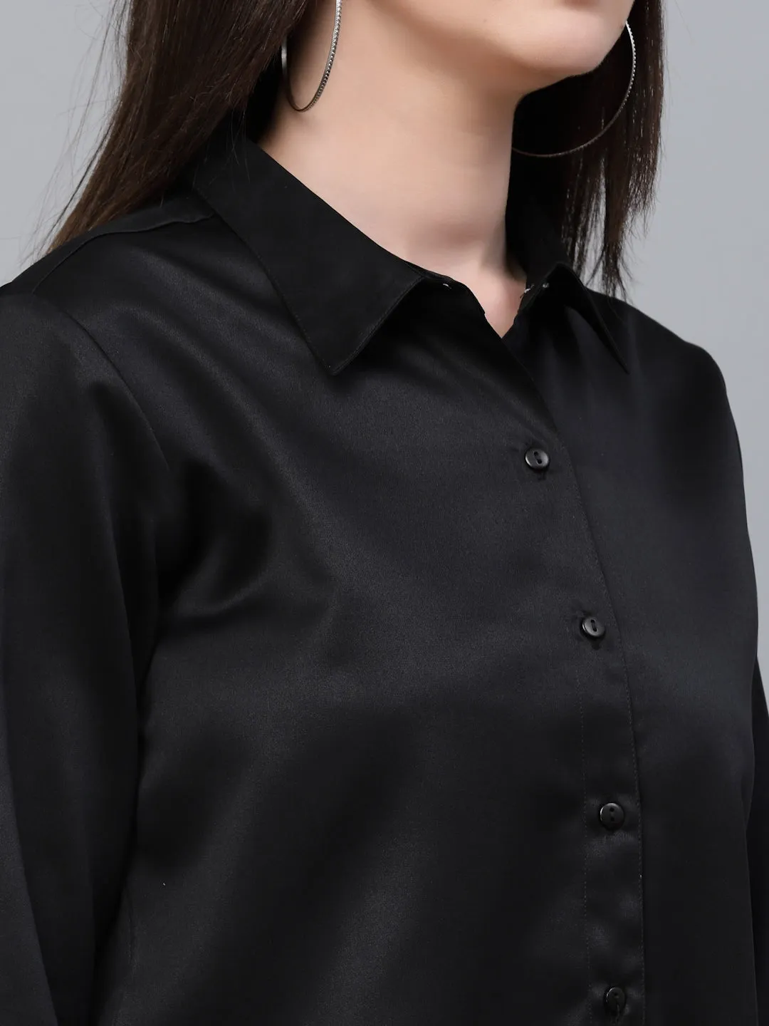 Style Quotients Women Solid Black Satin Formal Shirt