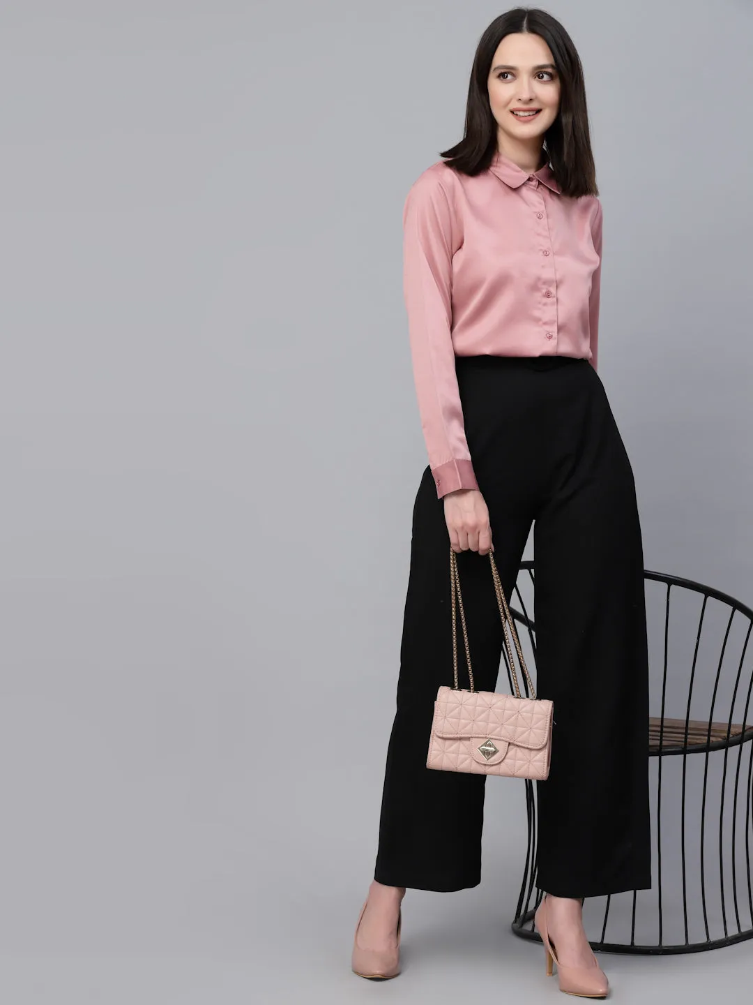 Style Quotients Women Solid Rose Satin Formal Shirt