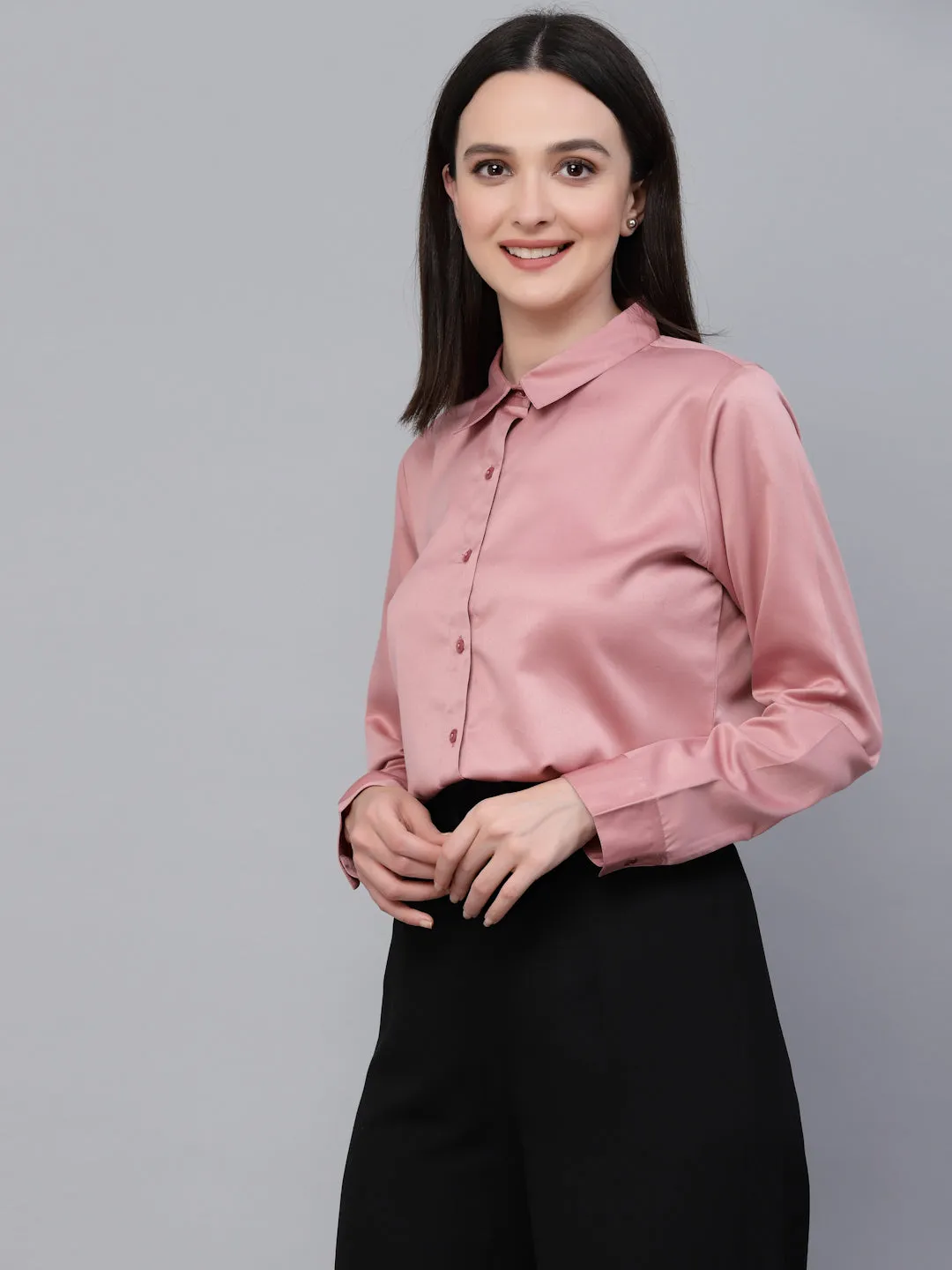 Style Quotients Women Solid Rose Satin Formal Shirt
