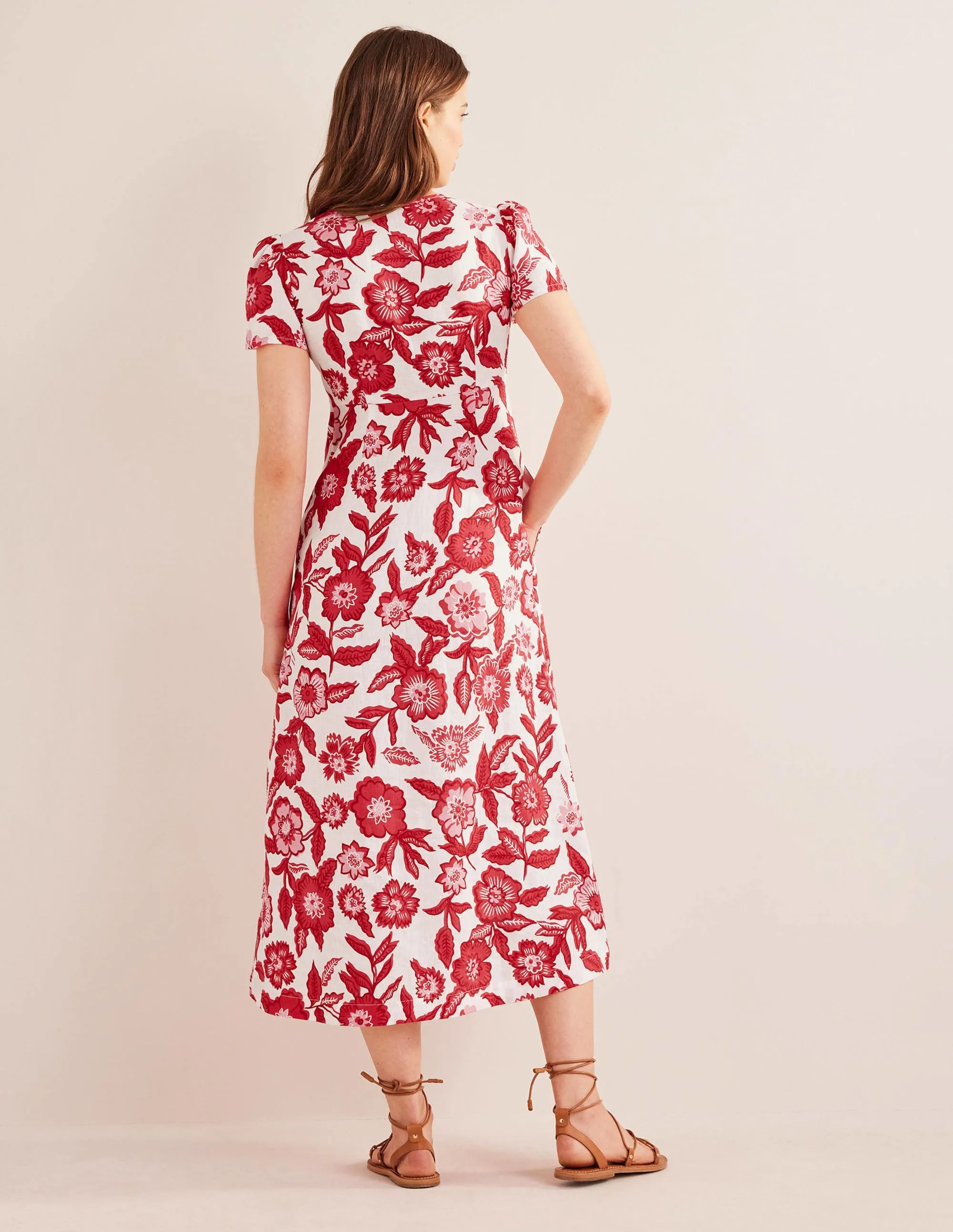 Tie Front Linen Midi Dress-Pop Peony, Pansy Bloom