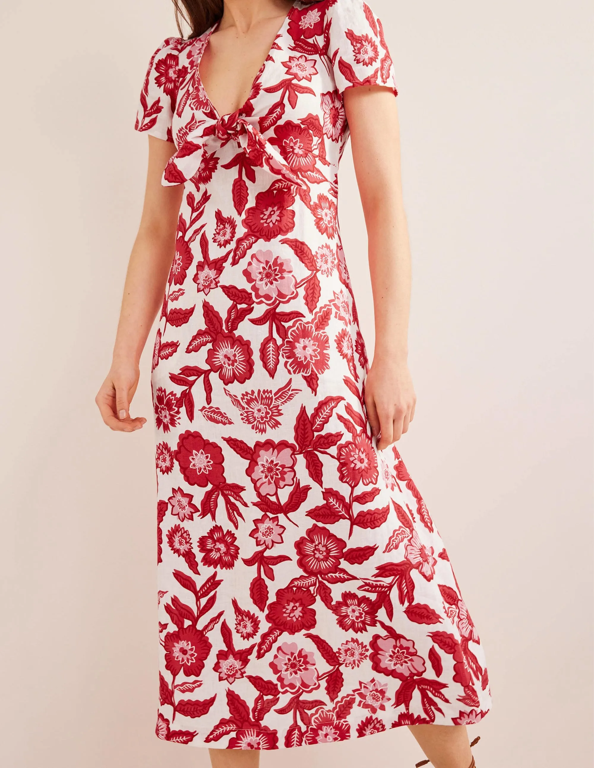 Tie Front Linen Midi Dress-Pop Peony, Pansy Bloom