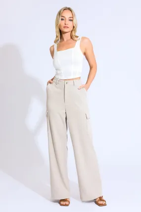 TROUSER WIDE LEG W/ CARGO POCKETS - WRINKLE RESISTANT STONE