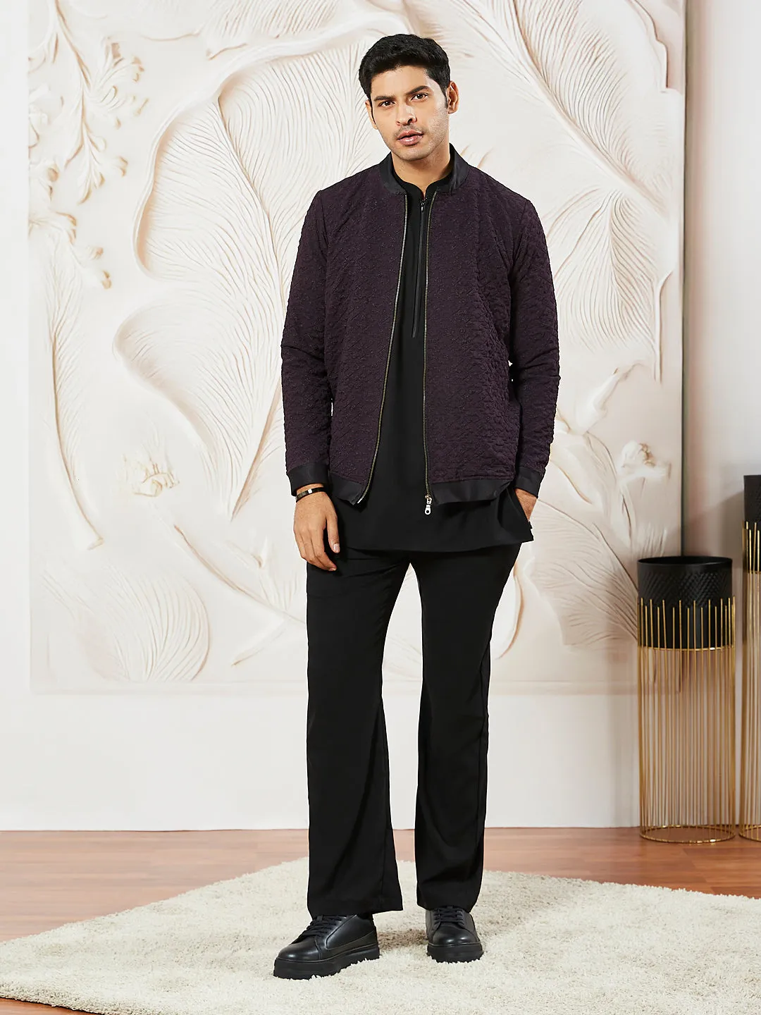 VASTRAMAY Men's Wine Lycra Jacket,Kurta And Pant Set