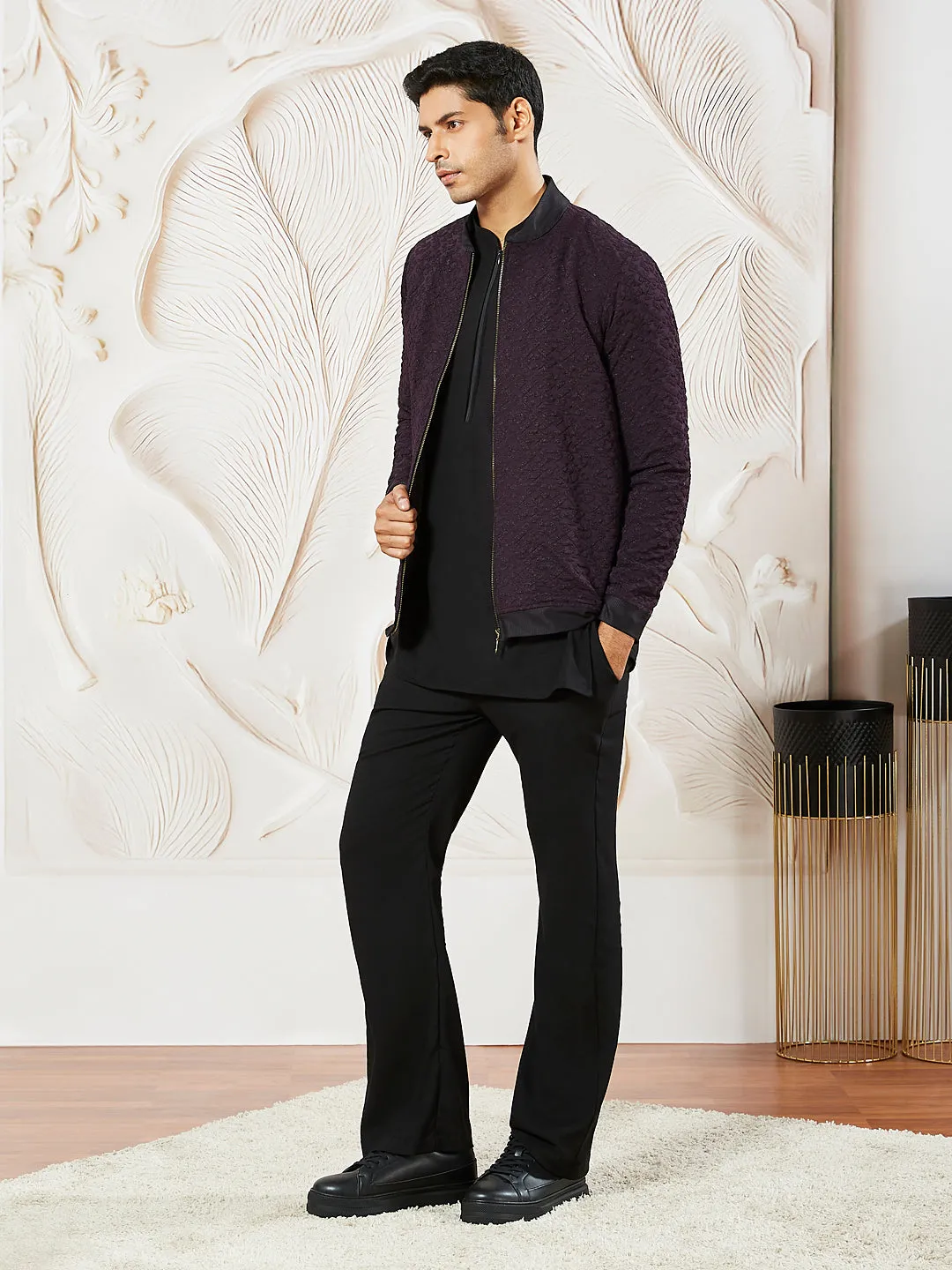 VASTRAMAY Men's Wine Lycra Jacket,Kurta And Pant Set
