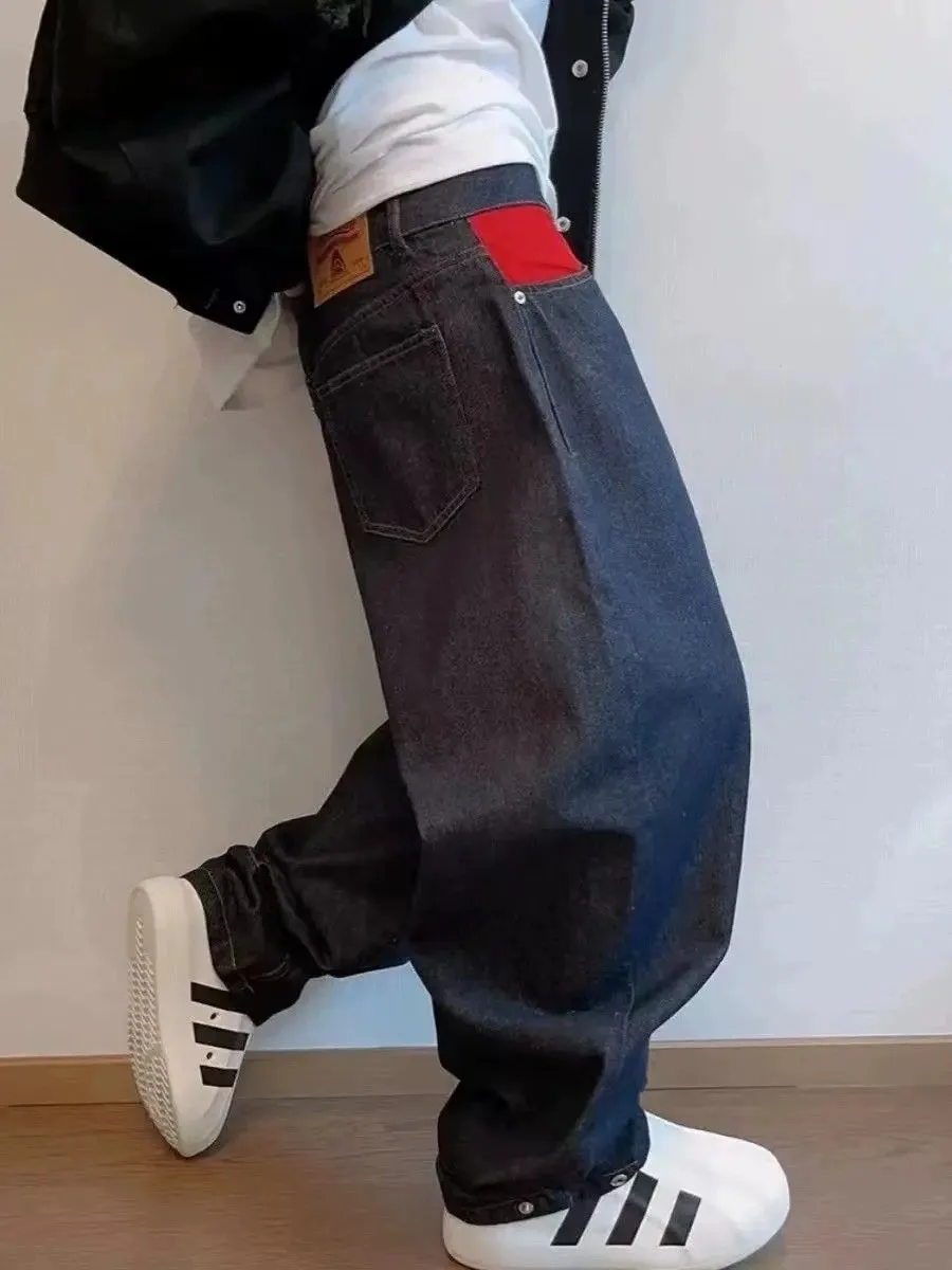 WIAOFELLAS  -  Trendy Retro Washed Distressed Red and Blue Contrasting Men's and Women's Flared Jeans Men's Loose Curved Pants