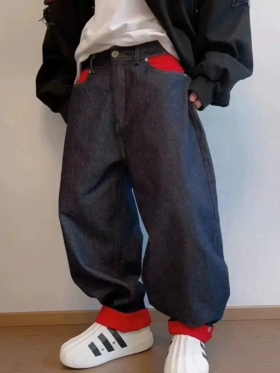 WIAOFELLAS  -  Trendy Retro Washed Distressed Red and Blue Contrasting Men's and Women's Flared Jeans Men's Loose Curved Pants