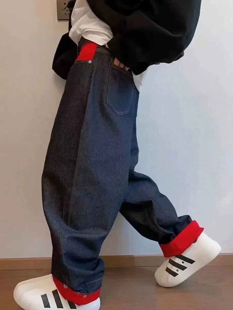 WIAOFELLAS  -  Trendy Retro Washed Distressed Red and Blue Contrasting Men's and Women's Flared Jeans Men's Loose Curved Pants