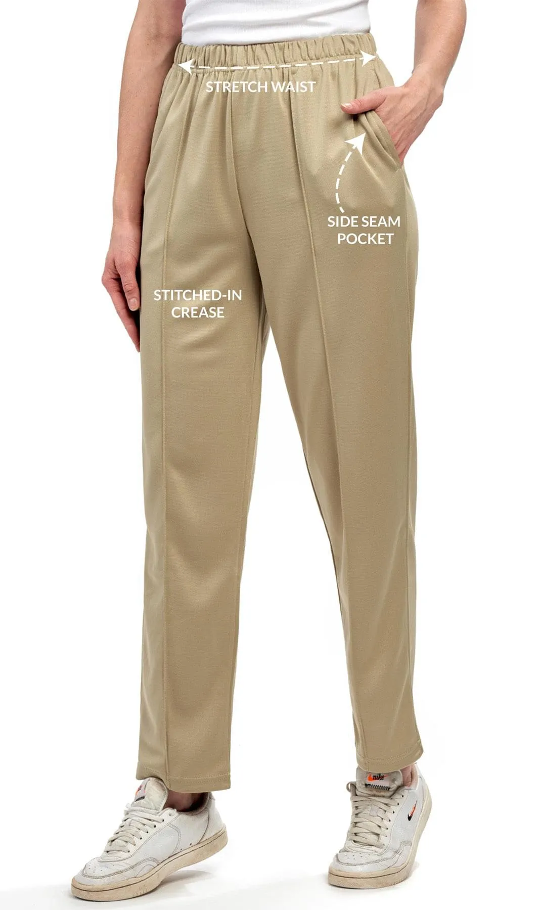 Women's Classic Poly Knit Pants – Pull On Slacks with Elastic Waist for Easy Comfort