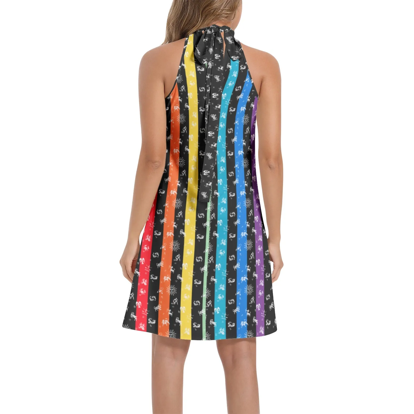 Zodiac Rainbow Tie Back Halter Neck Flared Dress