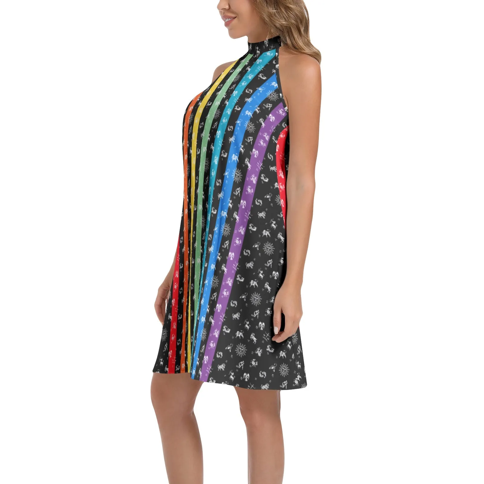 Zodiac Rainbow Tie Back Halter Neck Flared Dress