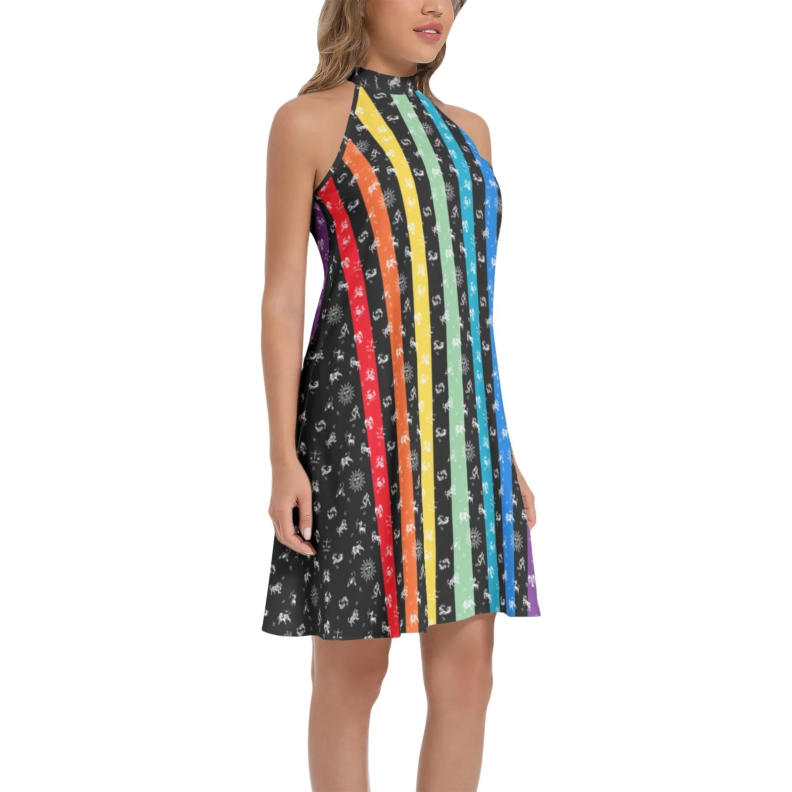 Zodiac Rainbow Tie Back Halter Neck Flared Dress